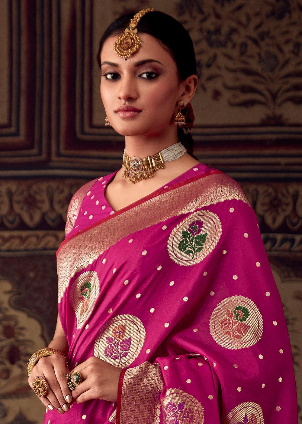 Magenta Pink Meenakari Weaving Dola Silk Saree - qivii