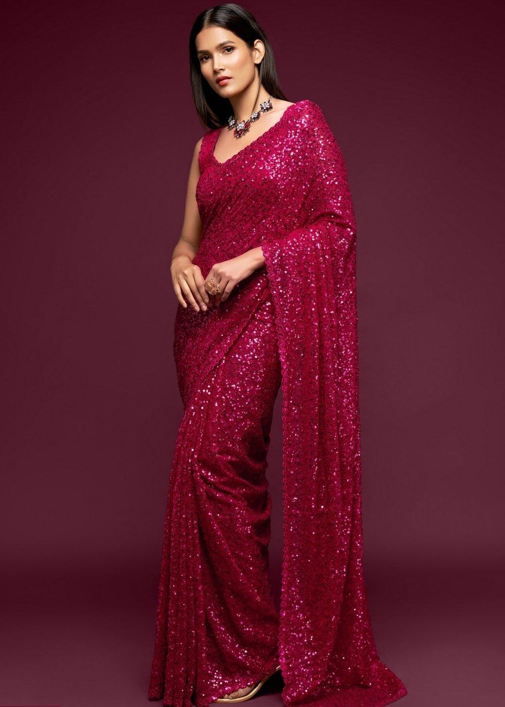 Magenta Pink Sequins & Thread Embroidered Designer Georgette Saree | Stitched Blouse - qivii