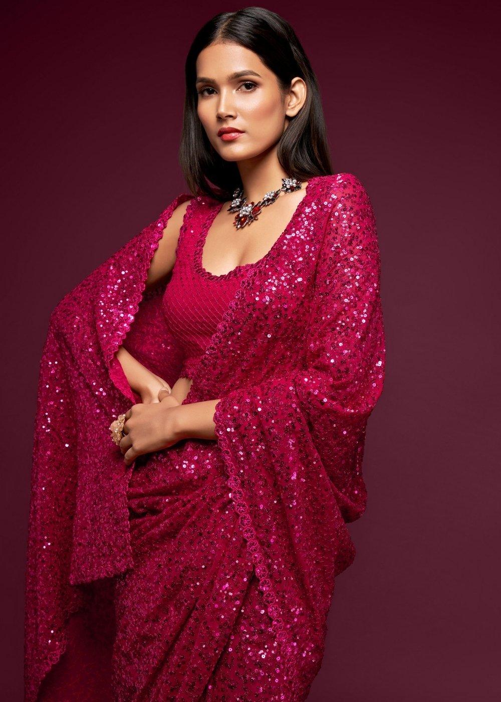 Magenta Pink Sequins & Thread Embroidered Designer Georgette Saree | Stitched Blouse - qivii