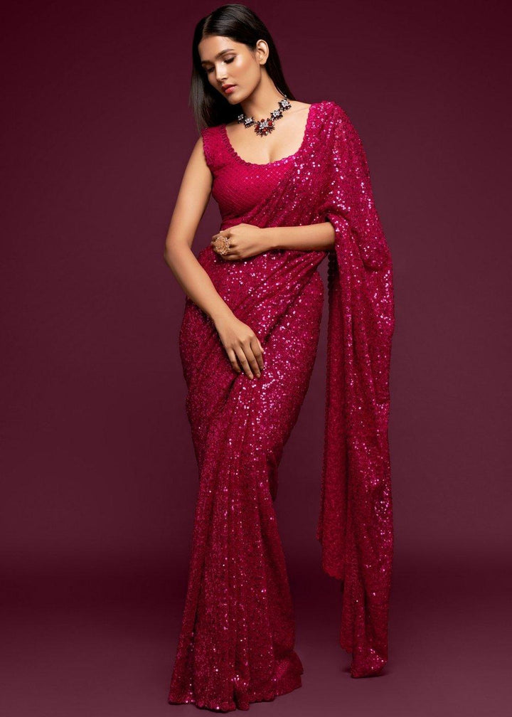 Magenta Pink Sequins & Thread Embroidered Designer Georgette Saree | Stitched Blouse - qivii