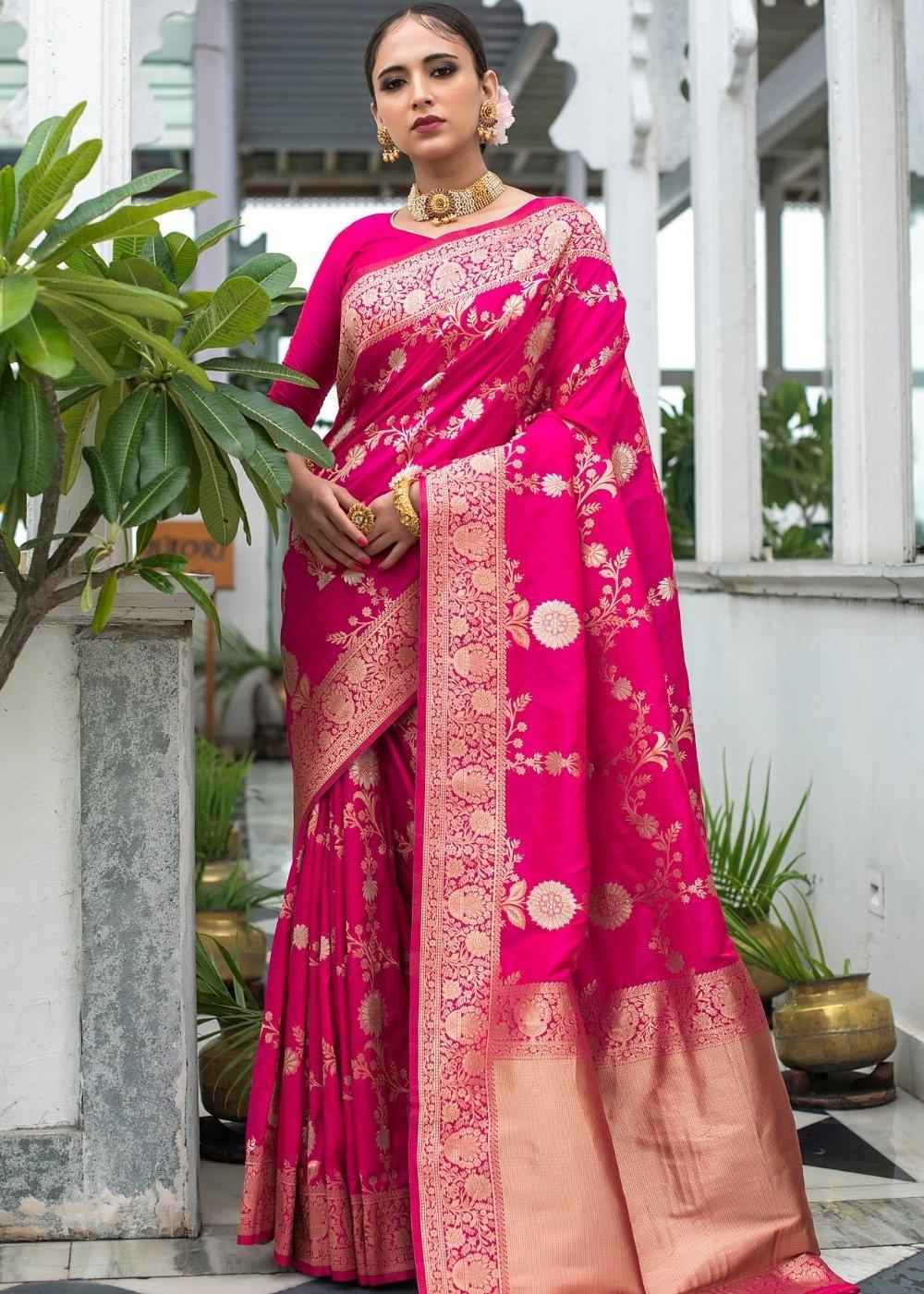 Magenta Pink Soft Banarasi Silk Saree with Floral Zari work | Stitched Blouse - qivii