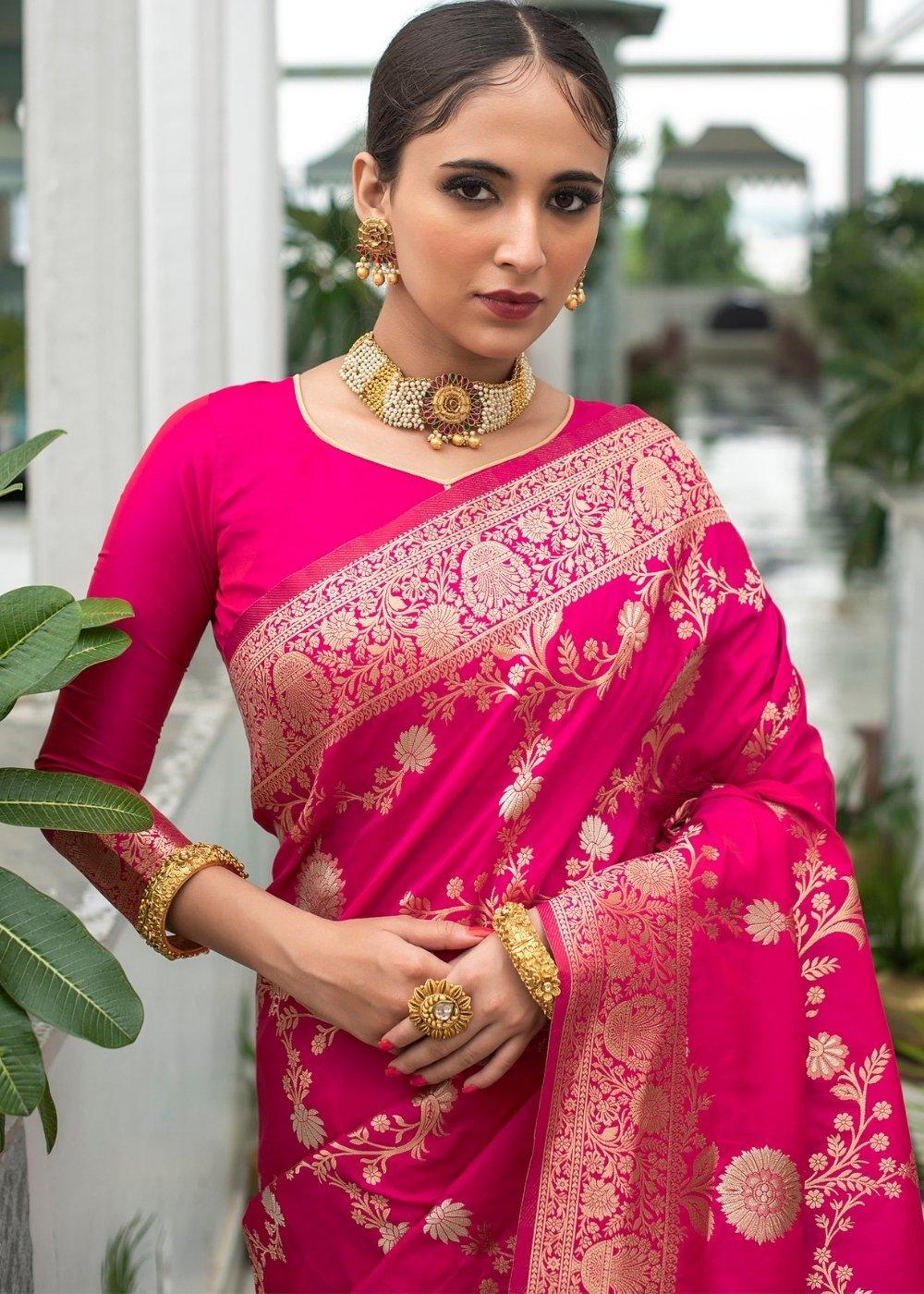 Magenta Pink Soft Banarasi Silk Saree with Floral Zari work | Stitched Blouse - qivii