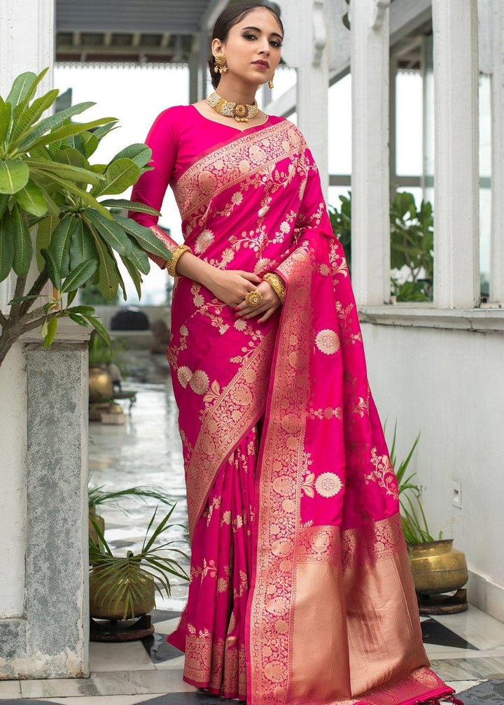 Magenta Pink Soft Banarasi Silk Saree with Floral Zari work | Stitched Blouse - qivii