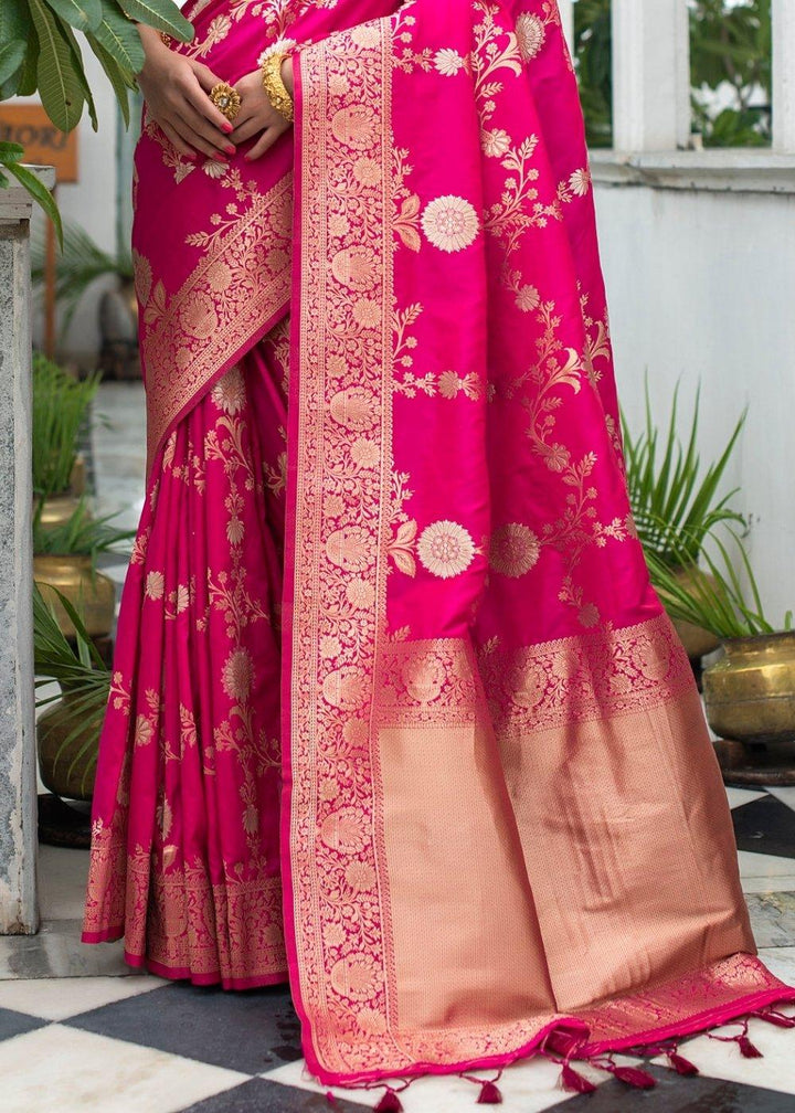 Magenta Pink Soft Banarasi Silk Saree with Floral Zari work | Stitched Blouse - qivii