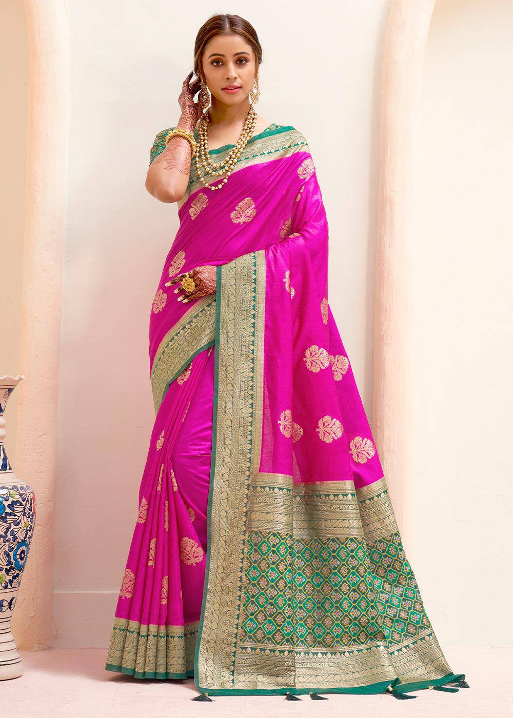 Magenta Pink Woven Banarasi Patola Silk Saree | Stitched Blouse - qivii