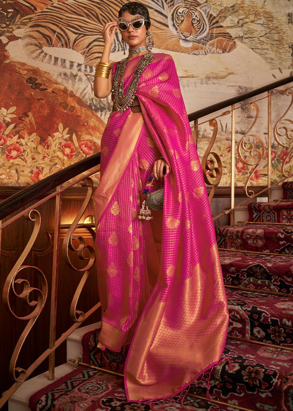 Magenta Pink Woven Banarasi Silk Saree | Stitched Blouse - qivii