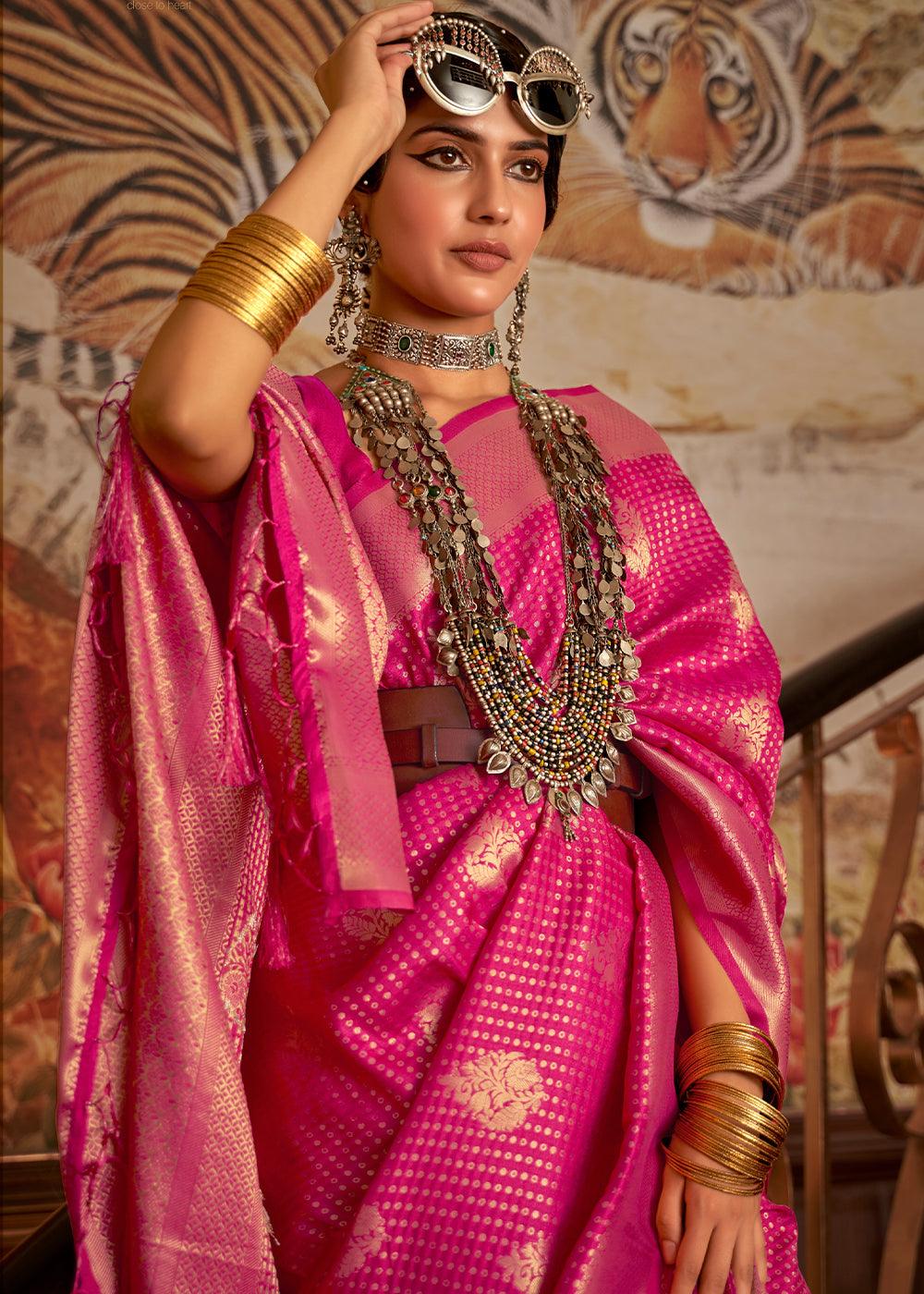 Magenta Pink Woven Banarasi Silk Saree | Stitched Blouse - qivii