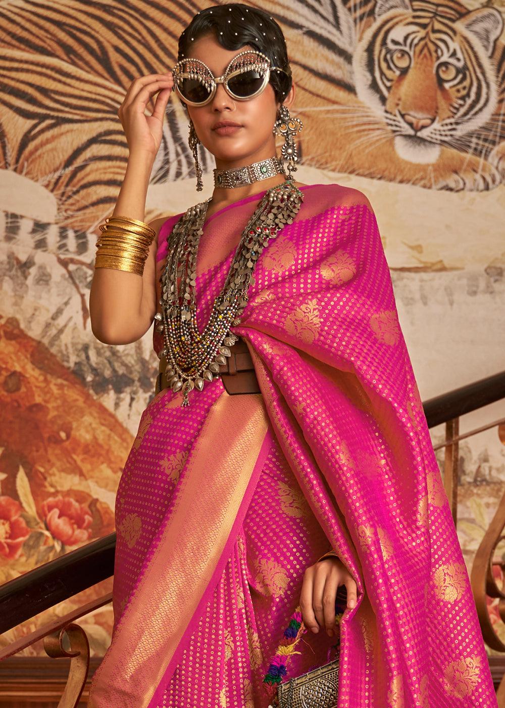 Magenta Pink Woven Banarasi Silk Saree | Stitched Blouse - qivii