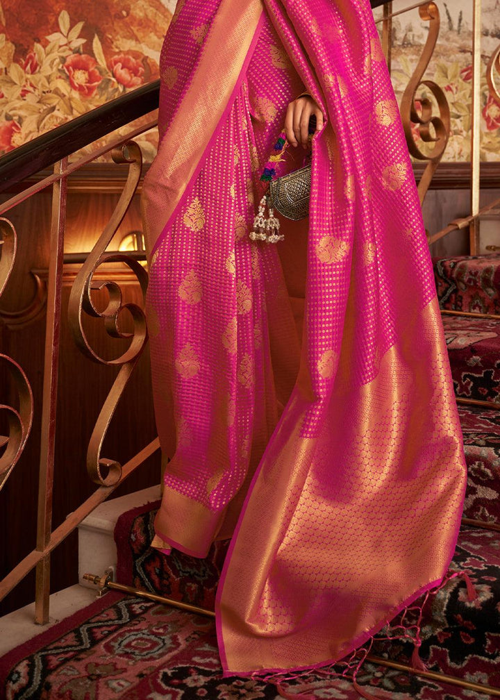 Magenta Pink Woven Banarasi Silk Saree | Stitched Blouse - qivii