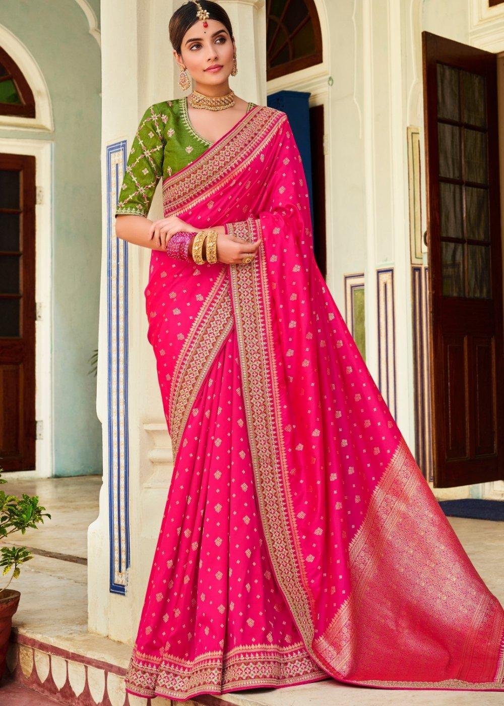 Magenta Pink Woven Banarasi Silk Saree with Embroidered Blouse | Stitched Blouse - qivii