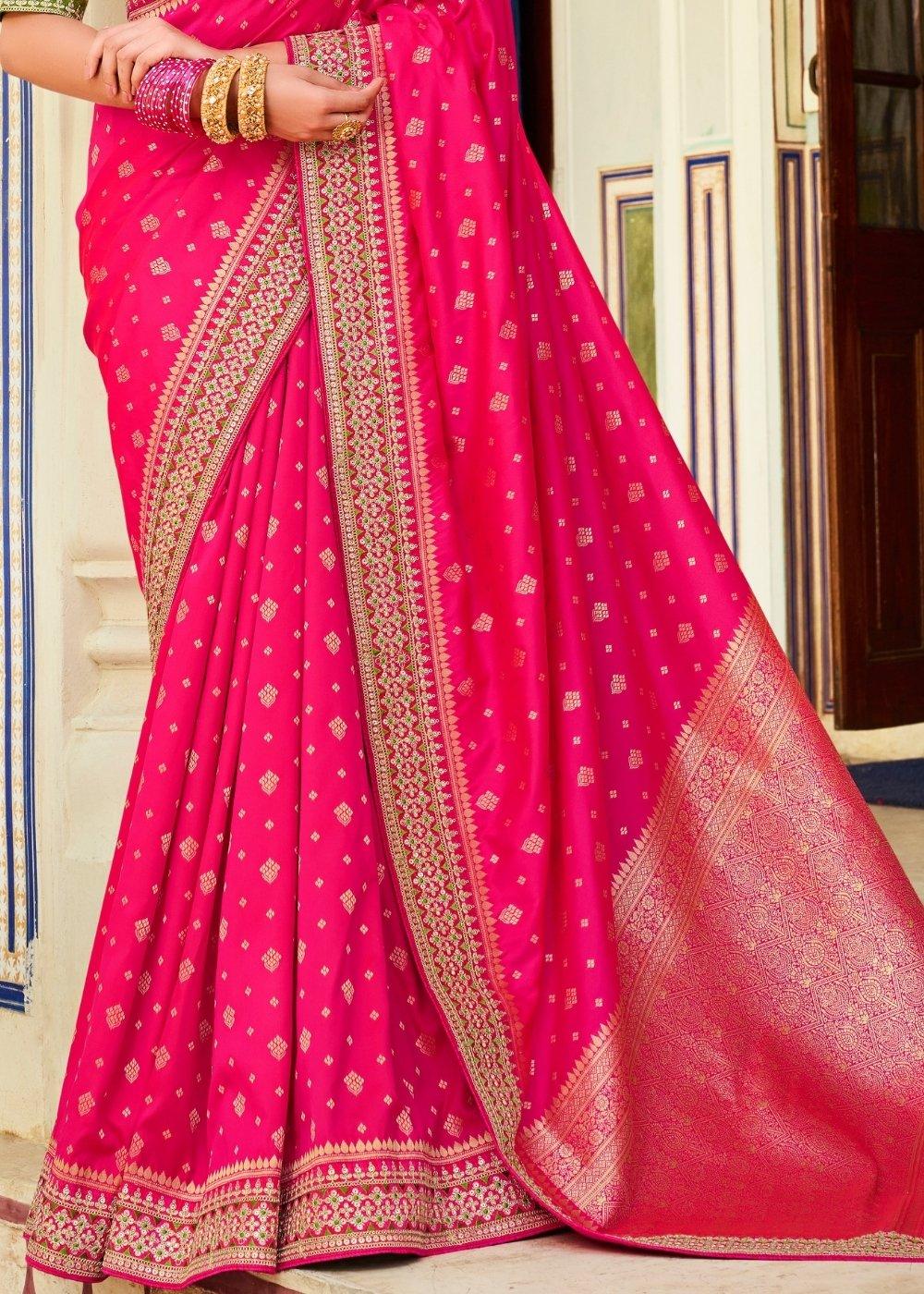 Magenta Pink Woven Banarasi Silk Saree with Embroidered Blouse | Stitched Blouse - qivii