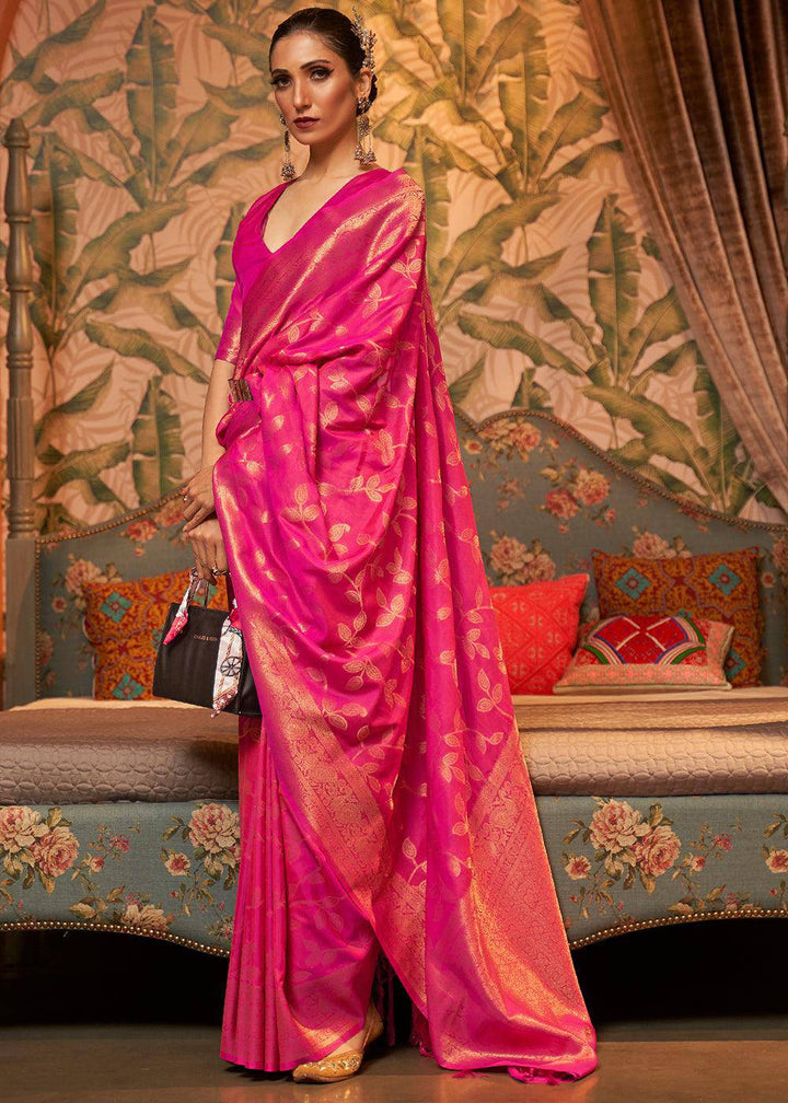 Magenta Pink Woven Floral Banarasi Silk Saree | Stitched Blouse - qivii