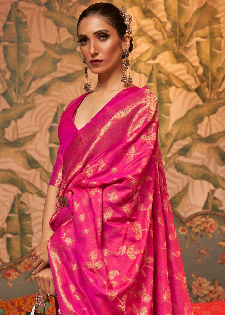 Magenta Pink Woven Floral Banarasi Silk Saree | Stitched Blouse - qivii