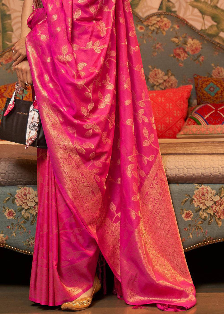 Magenta Pink Woven Floral Banarasi Silk Saree | Stitched Blouse - qivii