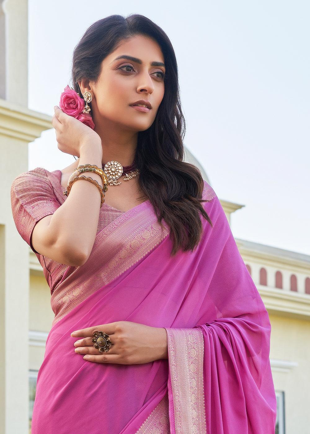 Magenta Pink Woven Georgette Saree - qivii