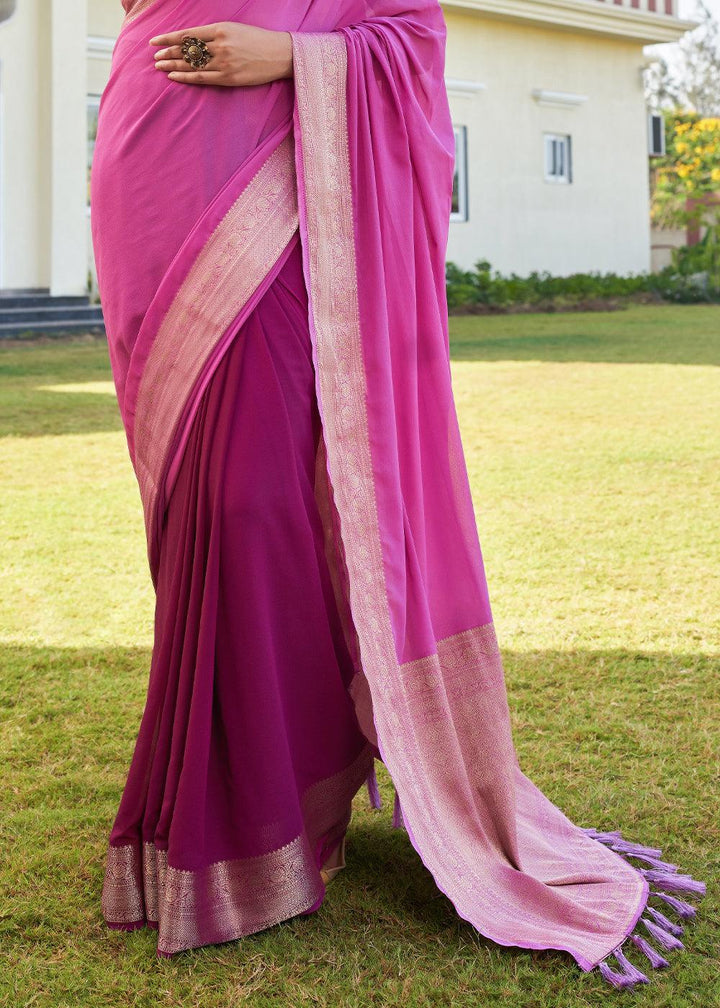 Magenta Pink Woven Georgette Saree - qivii