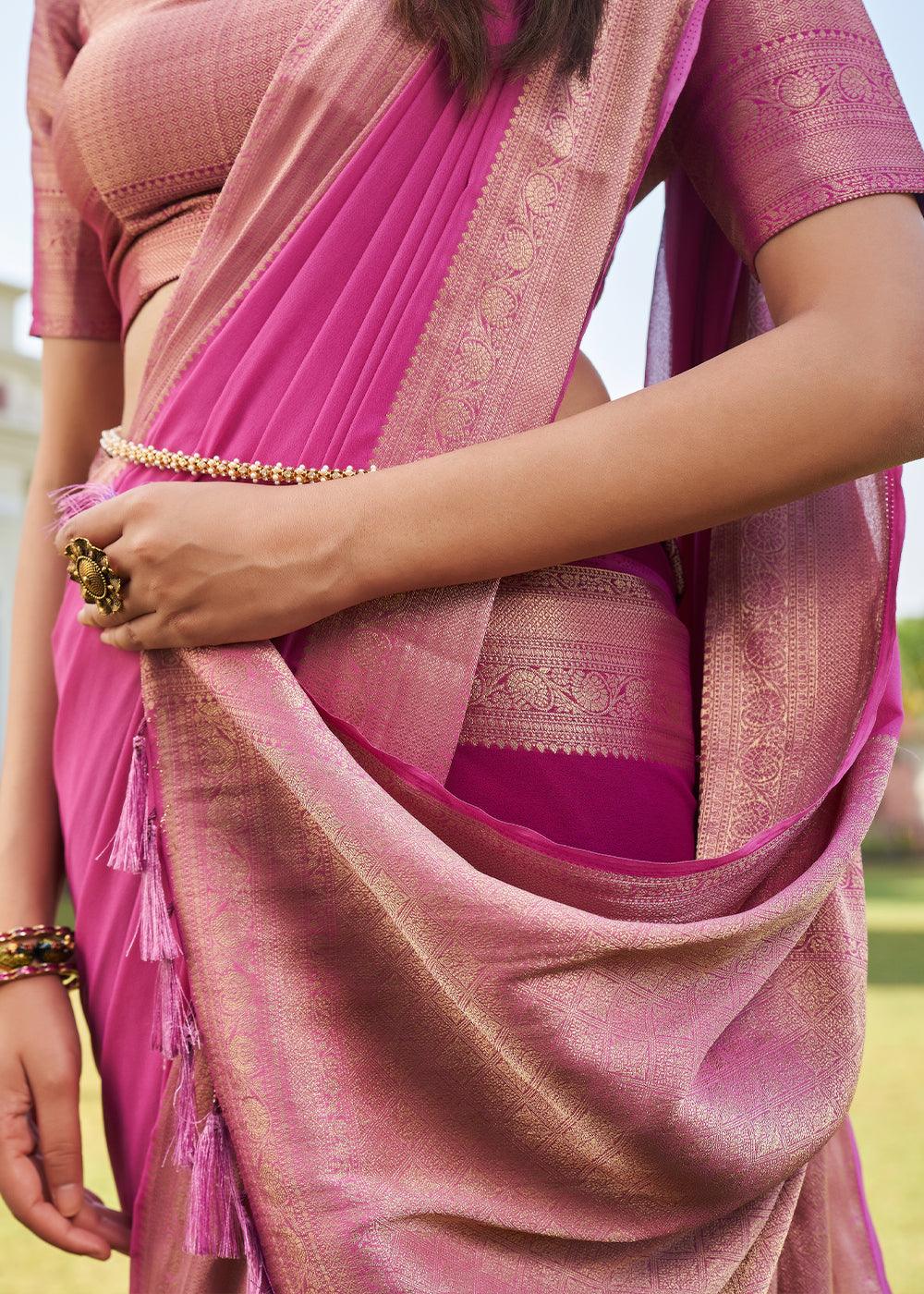 Magenta Pink Woven Georgette Saree - qivii