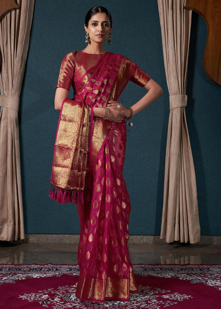 Magenta Pink Woven Organza Saree - qivii