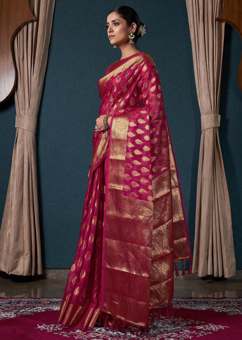 Magenta Pink Woven Organza Saree - qivii