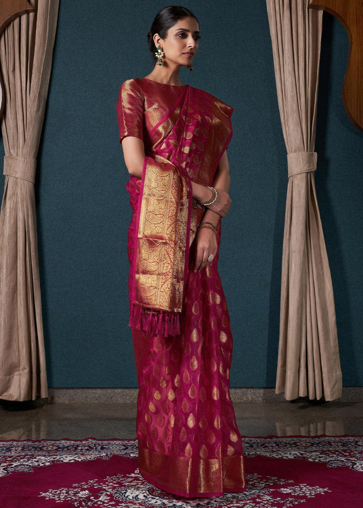 Magenta Pink Woven Organza Saree - qivii