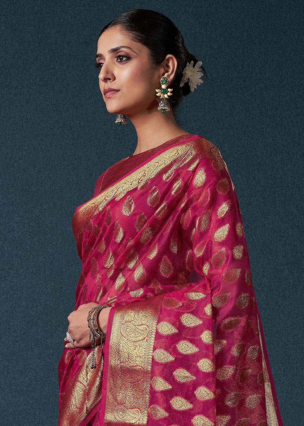 Magenta Pink Woven Organza Saree - qivii