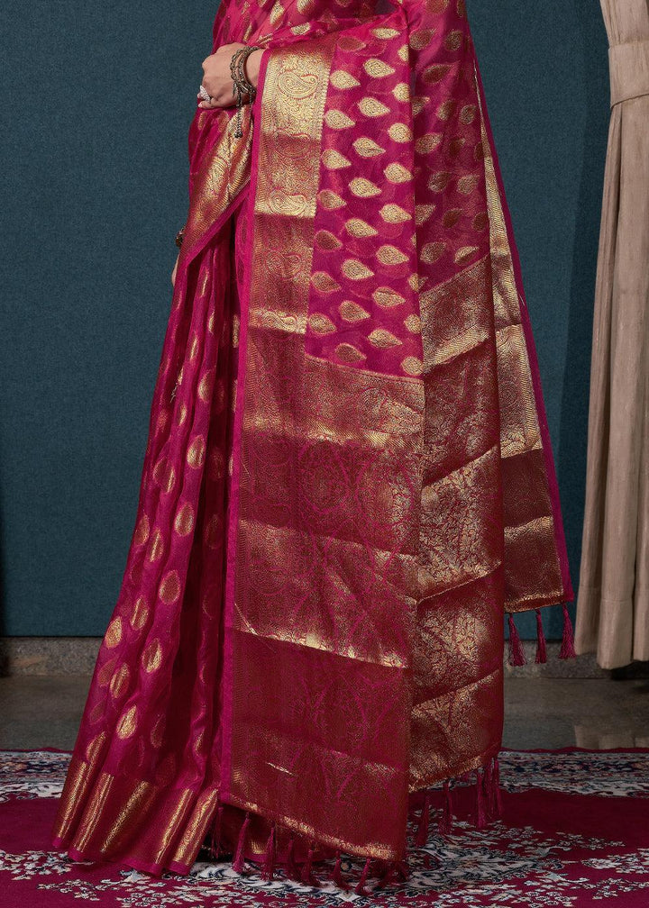 Magenta Pink Woven Organza Saree - qivii