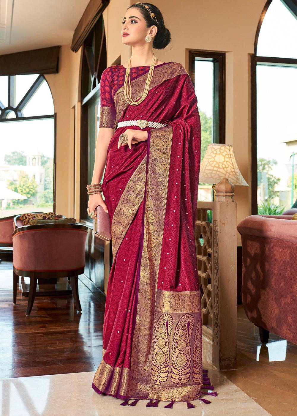 Magenta Pink Woven Two Tone Soft Silk Saree | Stitched Blouse - qivii