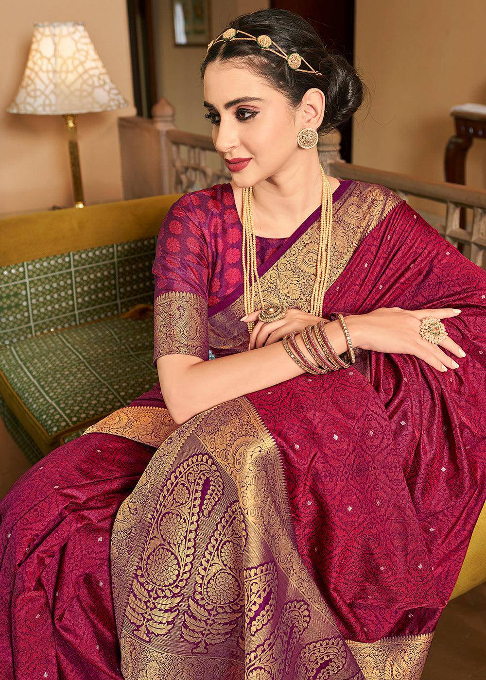 Magenta Pink Woven Two Tone Soft Silk Saree | Stitched Blouse - qivii