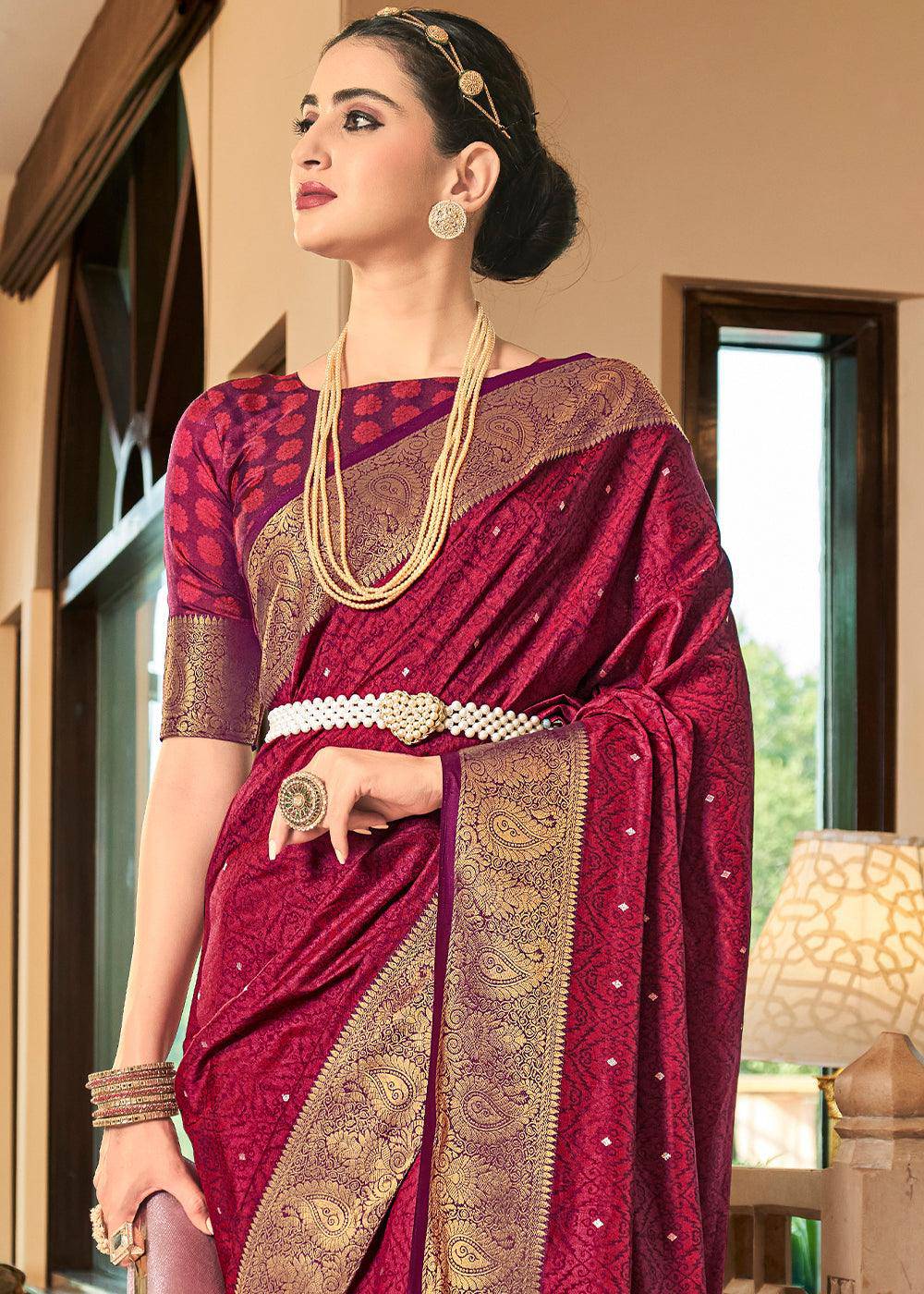 Magenta Pink Woven Two Tone Soft Silk Saree | Stitched Blouse - qivii