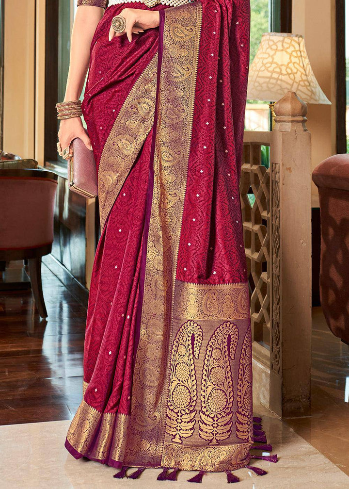 Magenta Pink Woven Two Tone Soft Silk Saree | Stitched Blouse - qivii