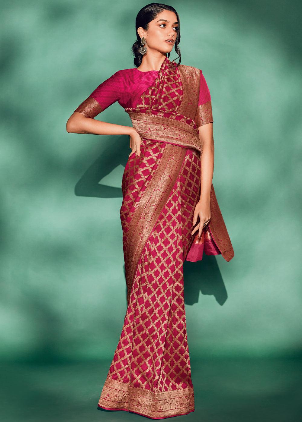 Magenta Pink Woven Viscose Silk Saree - qivii