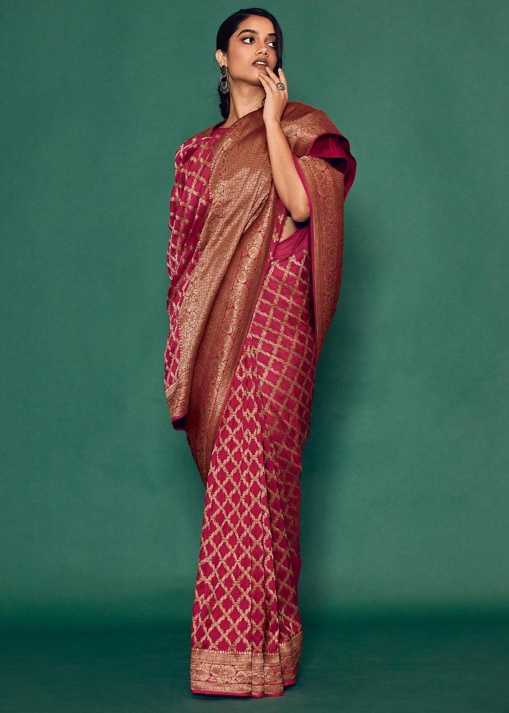 Magenta Pink Woven Viscose Silk Saree - qivii