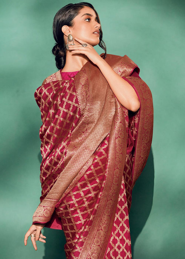 Magenta Pink Woven Viscose Silk Saree - qivii