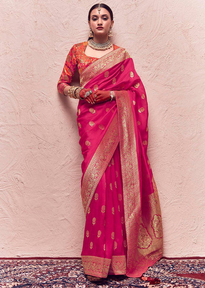 Magenta Pink Zari Woven Dola Silk Saree With Zari Woven Blouse | Stitched Blouse - qivii