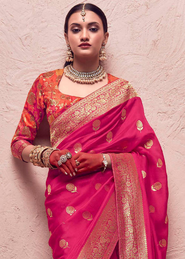 Magenta Pink Zari Woven Dola Silk Saree With Zari Woven Blouse | Stitched Blouse - qivii