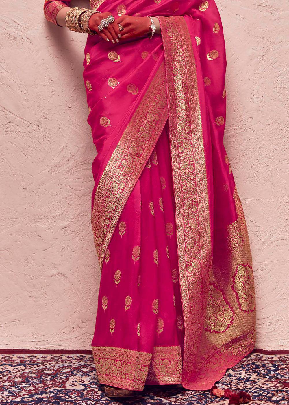 Magenta Pink Zari Woven Dola Silk Saree With Zari Woven Blouse | Stitched Blouse - qivii