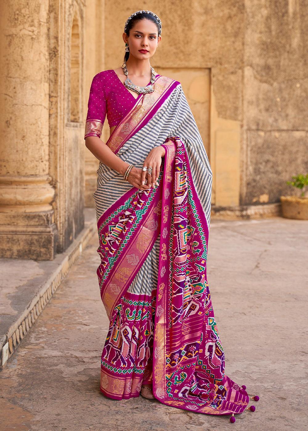 Magenta Purple Designer Patola Silk Saree with Zari Border & Stone work | Stitched Blouse - qivii