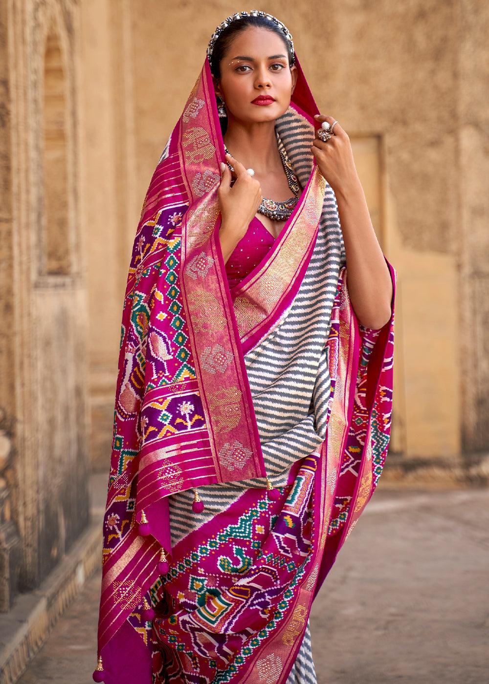 Magenta Purple Designer Patola Silk Saree with Zari Border & Stone work | Stitched Blouse - qivii