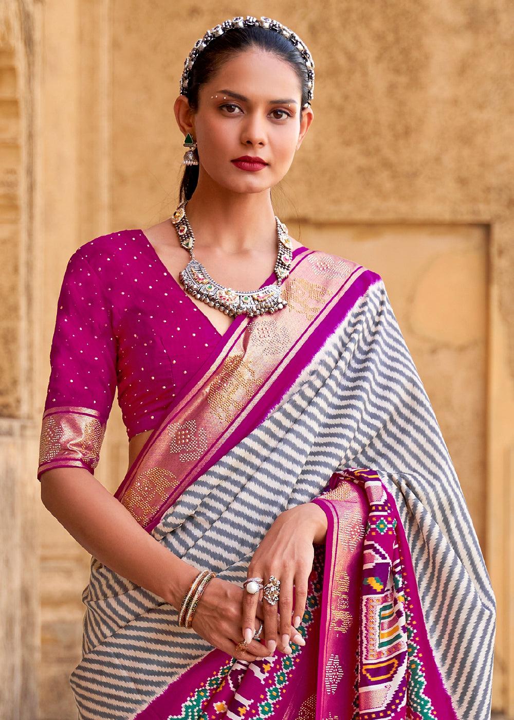 Magenta Purple Designer Patola Silk Saree with Zari Border & Stone work | Stitched Blouse - qivii