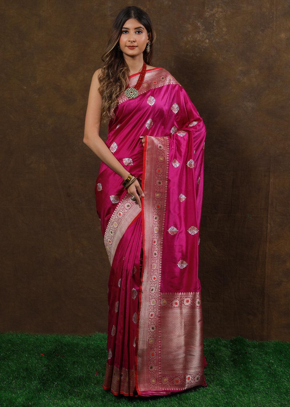 Magenta Purple Hand Woven Pure Katan Silk Saree | Stitched Blouse - qivii