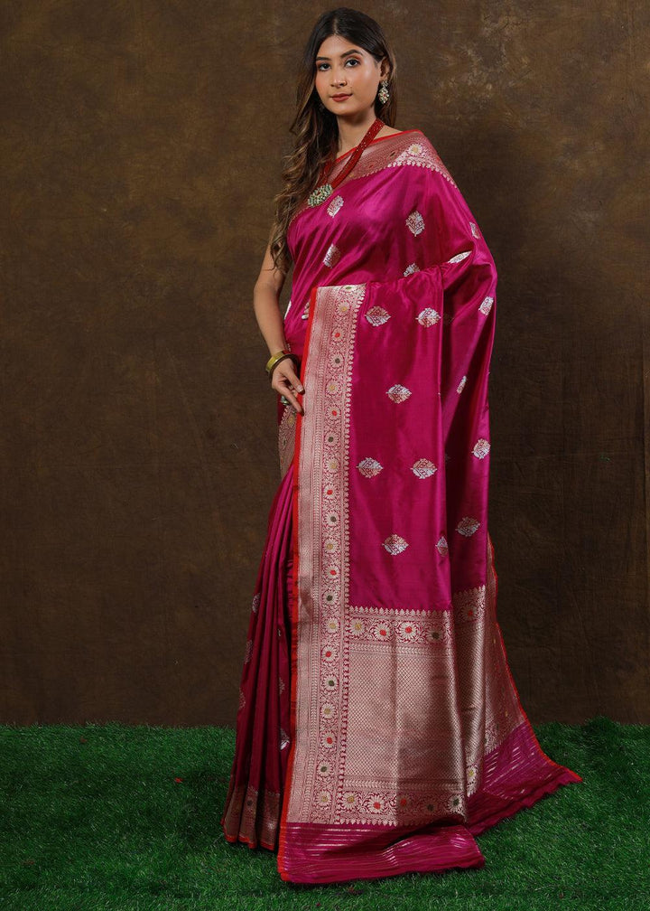 Magenta Purple Hand Woven Pure Katan Silk Saree | Stitched Blouse - qivii