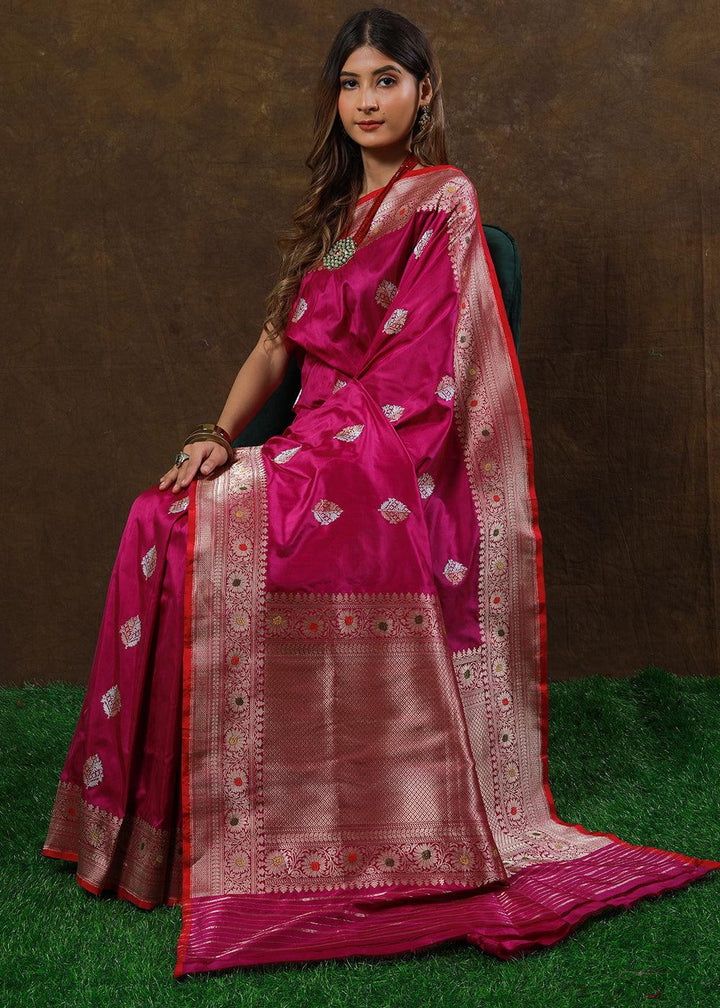 Magenta Purple Hand Woven Pure Katan Silk Saree | Stitched Blouse - qivii