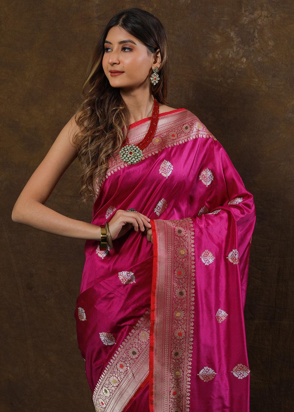 Magenta Purple Hand Woven Pure Katan Silk Saree | Stitched Blouse - qivii