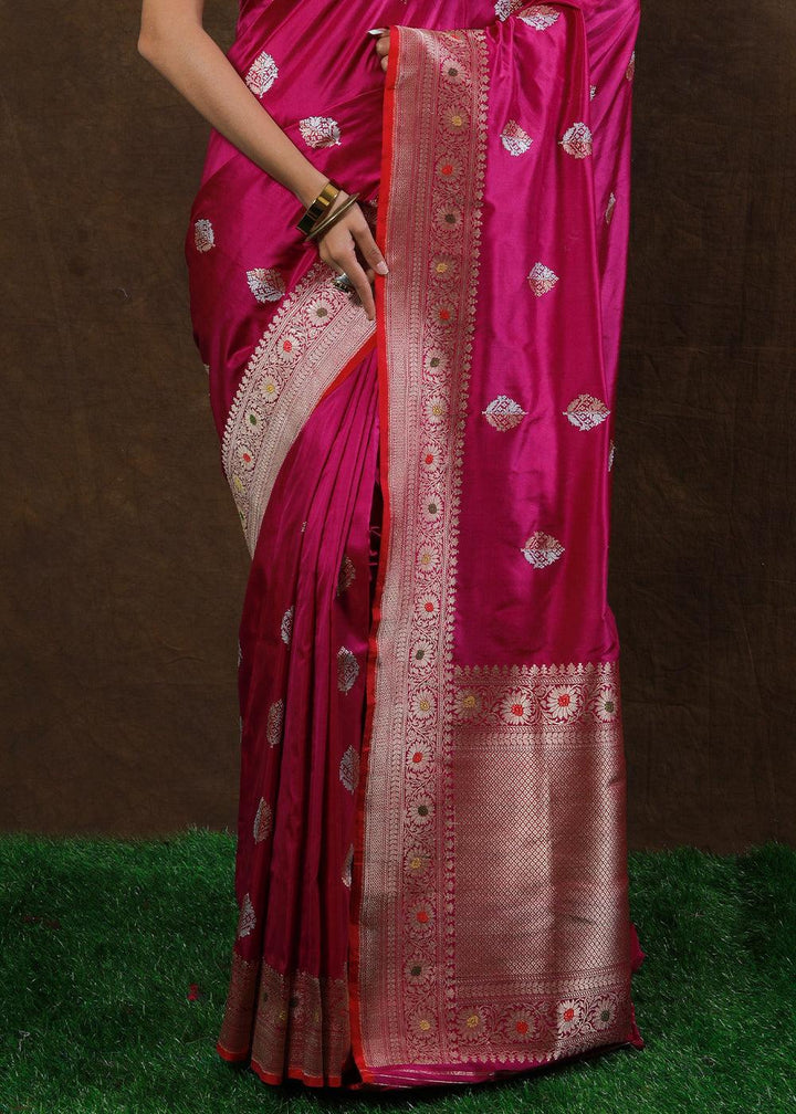 Magenta Purple Hand Woven Pure Katan Silk Saree | Stitched Blouse - qivii