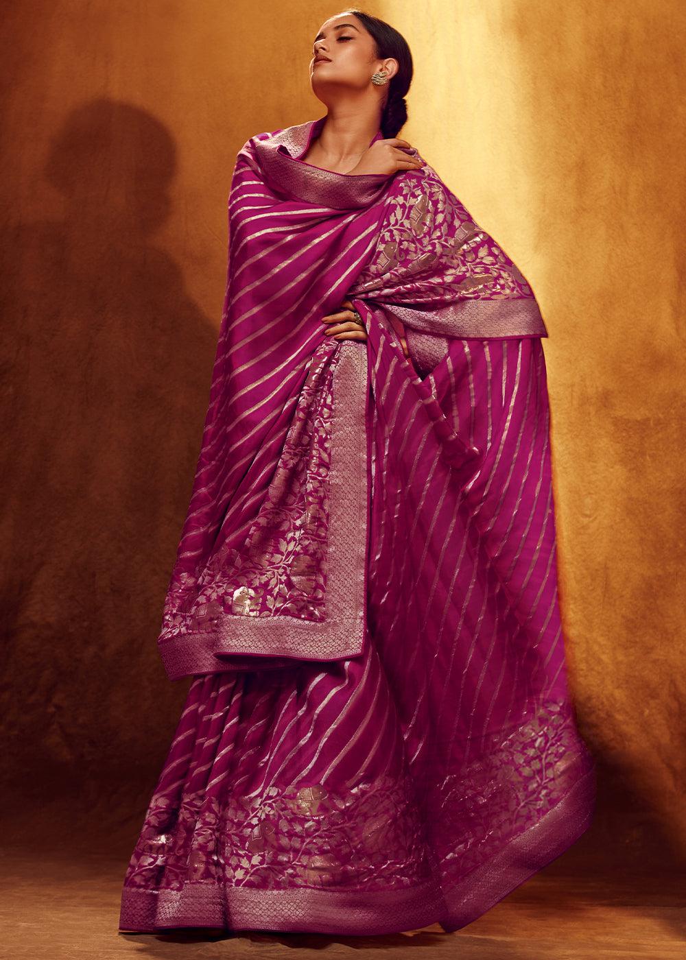 Magenta Purple Woven Viscose Silk Saree - qivii