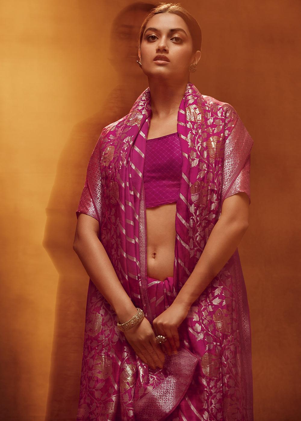 Magenta Purple Woven Viscose Silk Saree - qivii