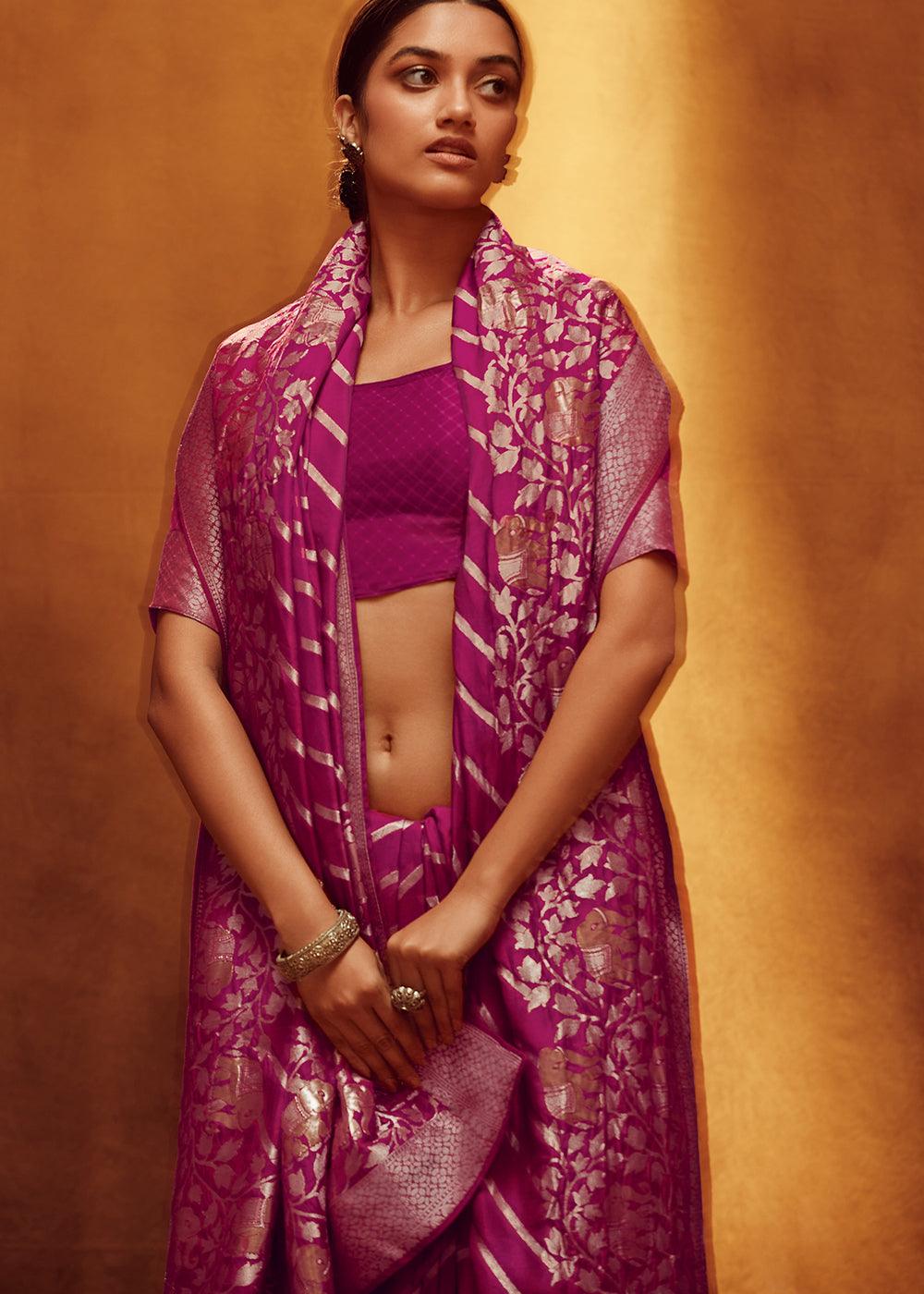 Magenta Purple Woven Viscose Silk Saree - qivii