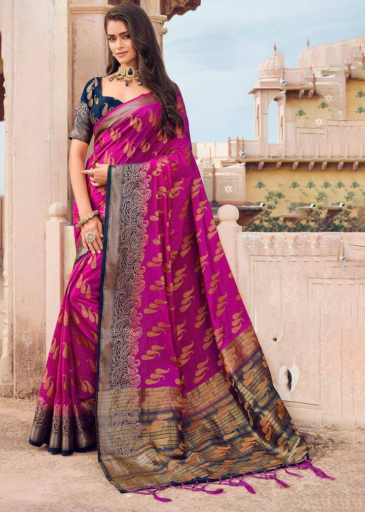 Magenta Purple Zari Butta Woven Raw Banarasi Silk Saree | Stitched Blouse - qivii