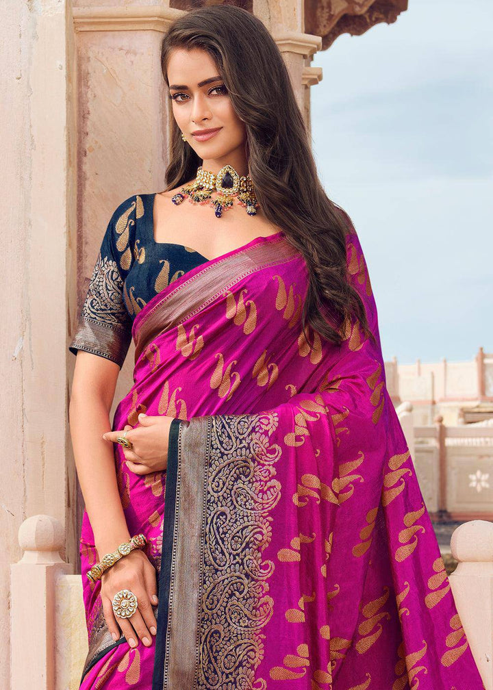 Magenta Purple Zari Butta Woven Raw Banarasi Silk Saree | Stitched Blouse - qivii