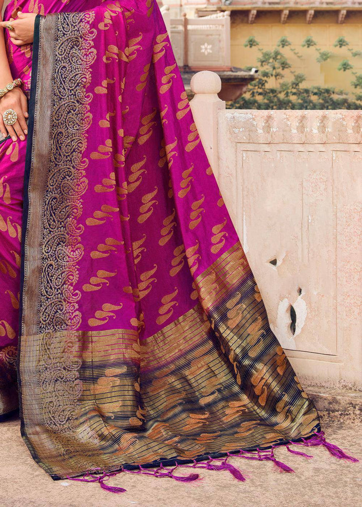 Magenta Purple Zari Butta Woven Raw Banarasi Silk Saree | Stitched Blouse - qivii